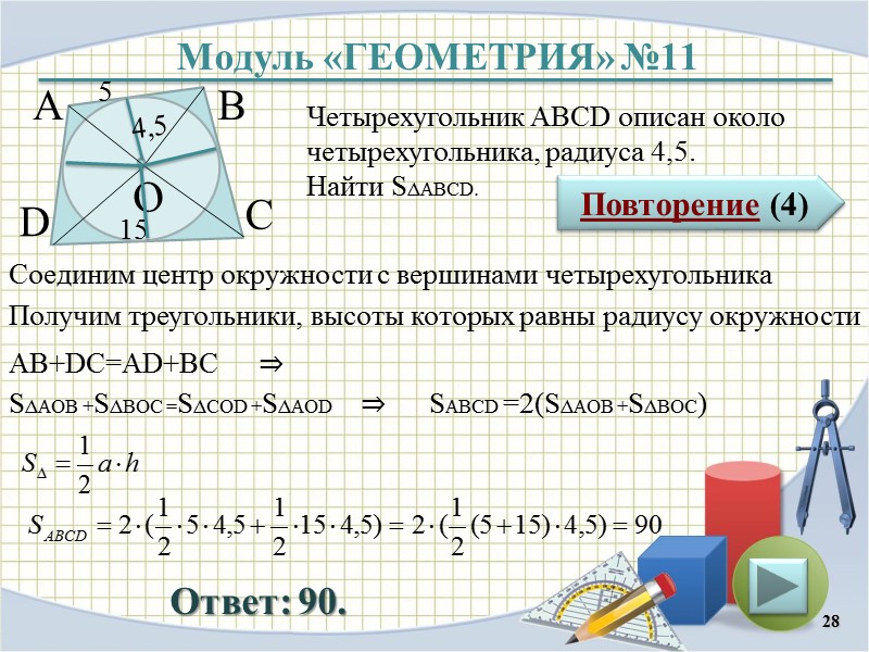 Модуль «ГЕОМЕТРИЯ» №11 Повторение (4) Ответ: 90. Четырехугольник АВСD описан около четырехугольника, радиуса 4,5.